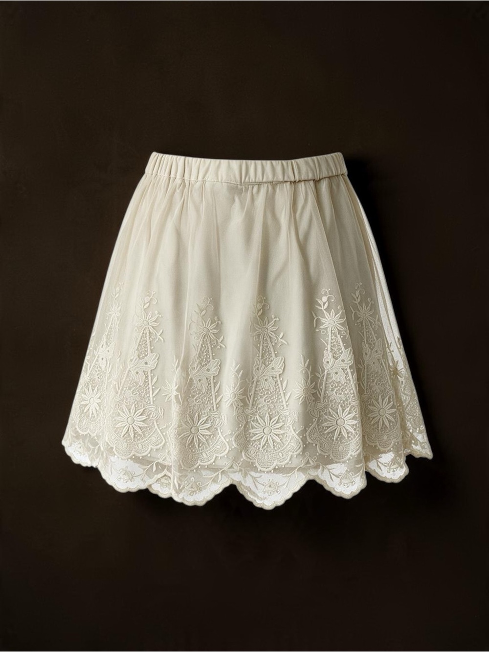 DIVIDED by H&M Cream Embroidered Floral Lace Scalloped Hem Mesh Skirt US 6